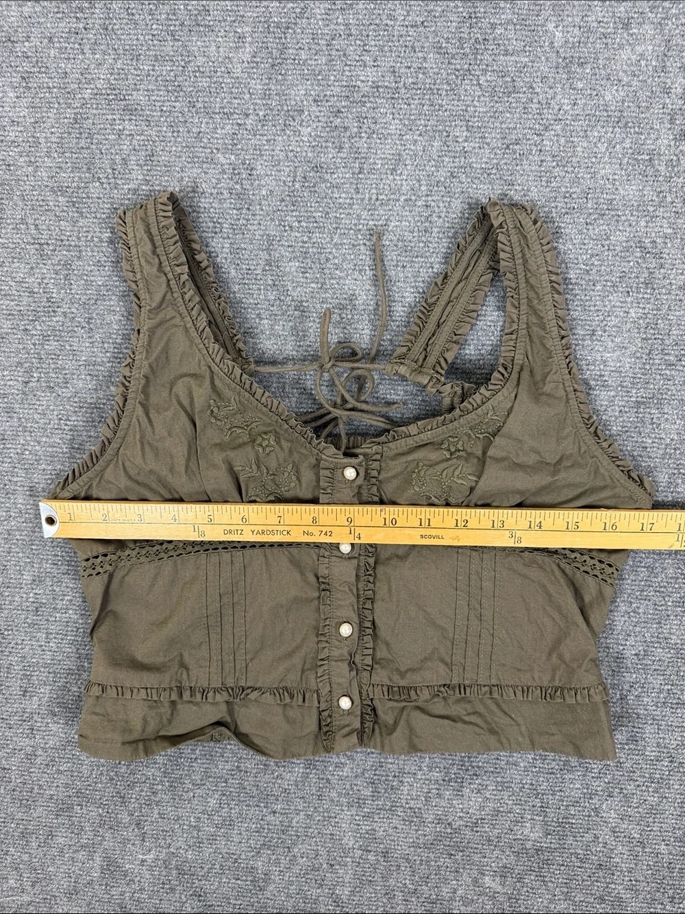 Free People Olive Green Ruffled Button Camisole Adjustable Tie Back Sz M (T6)